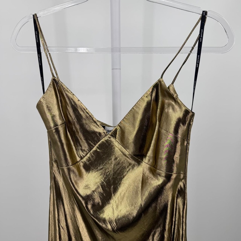 Gold Metallic Strappy Maxi Dress Side Split Evening Gown Size US 6 - Picture 8 of 12